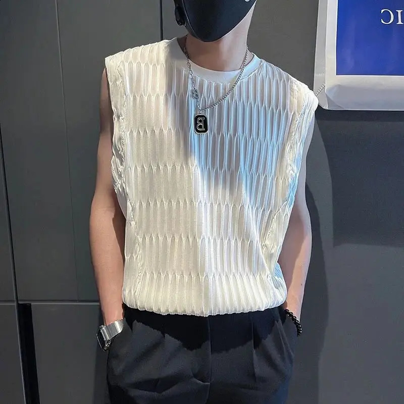 Summer Mens Pullover O-Neck Patchwork Screw Thread Fashion Solid Comfortable Fit Versatile Sleeveless T-shirt Tops 240810