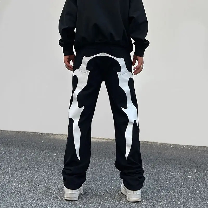 y2k mens black jeans street retro lettering couple loose jeans personality American high street hip hop casual straight trousers 240810