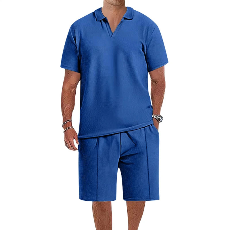 Station indépendante Mens Summer Waffle Couleur continue Couleur de t-shirts de cou polov décontracté décontracté deux ensembles 240810
