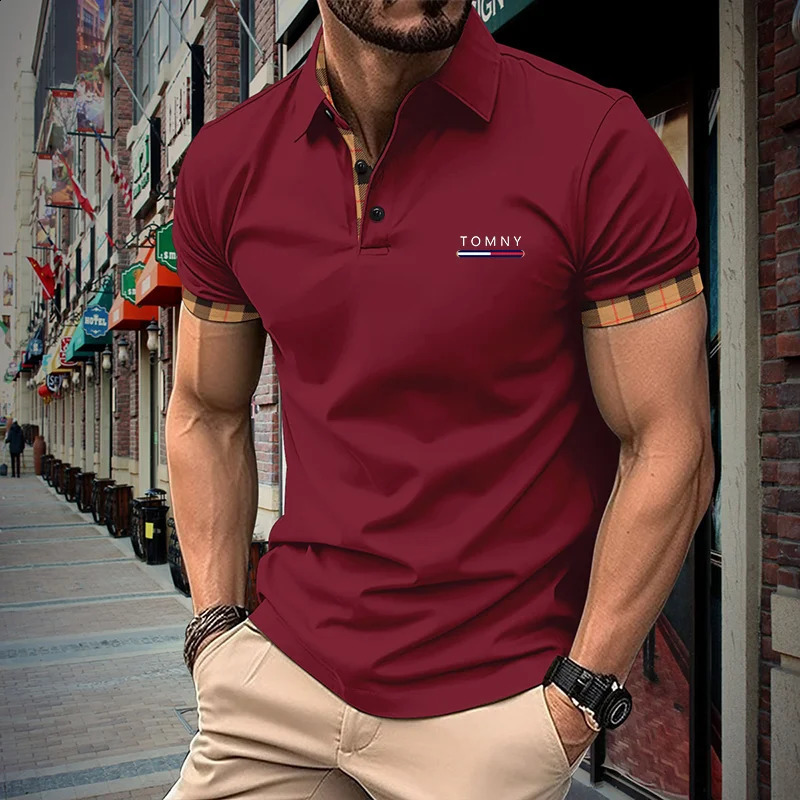 European and American mens casual short sleeved polo shirt office fashion plaid collar Tshirt breathable top 240810