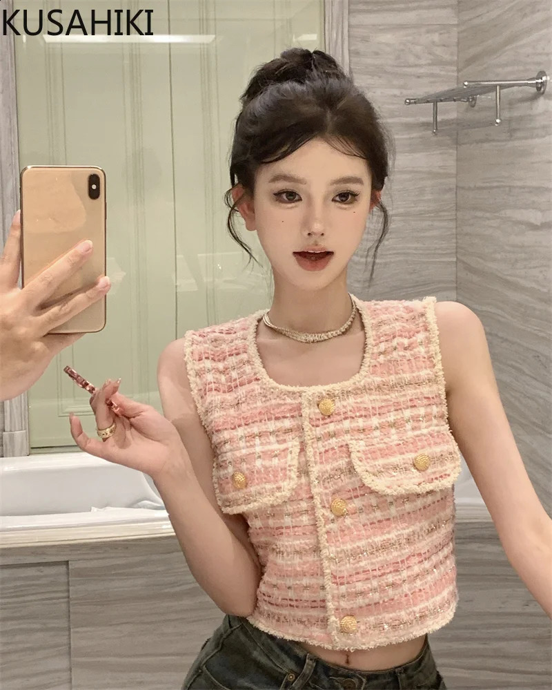KUSAHIKI Elegant Tweed Sleeveless Single Breasted Square Collar Waistcoat Summer Women Fashion Short Cardigan Vest Tops 240810