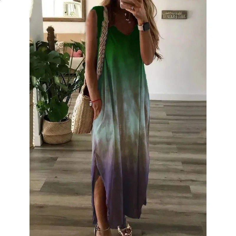 Summer Womens Casual V-neck Sleeveless Loose Long Dress Fashionable Womens Gradient Tie Dyed Printed Split Long Dress 240810