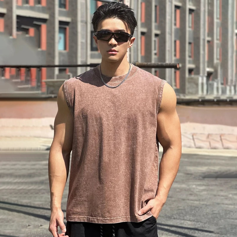summer cotton mens vest casual wide shoulder crew neck sleeveless top Jogger exercise fitness sports menswear 240810
