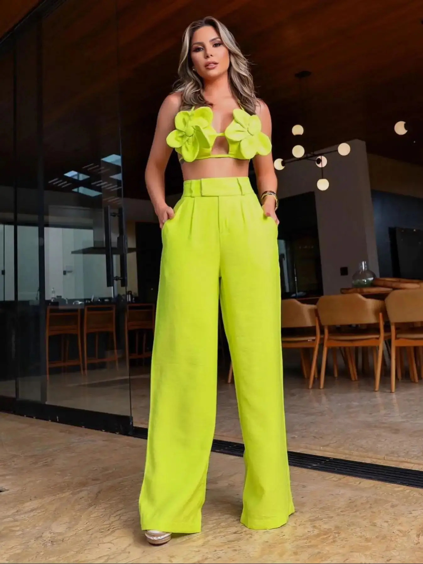 Floral Solid Spaghetti Strap Backless Elegant Long Trousers For Women High Waist Wide Leg Fashion Overall Pants Set In 2024 240815