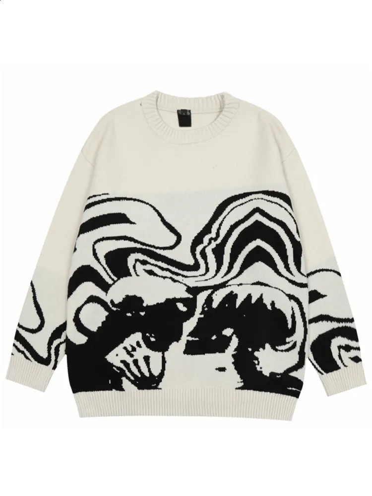 2000s autumn hip-hop graphic streetwear knitted sweater Pullover Harajuku sweater black and white cotton Goth skeleton Y2K womens Pullover240810