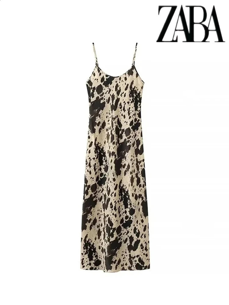 TRAF Womens Silk Textured Leopard Midi Sleeveless Sexy V-Neck Backless Halter Dress Street Fashion Loose Womens Dresses 240810