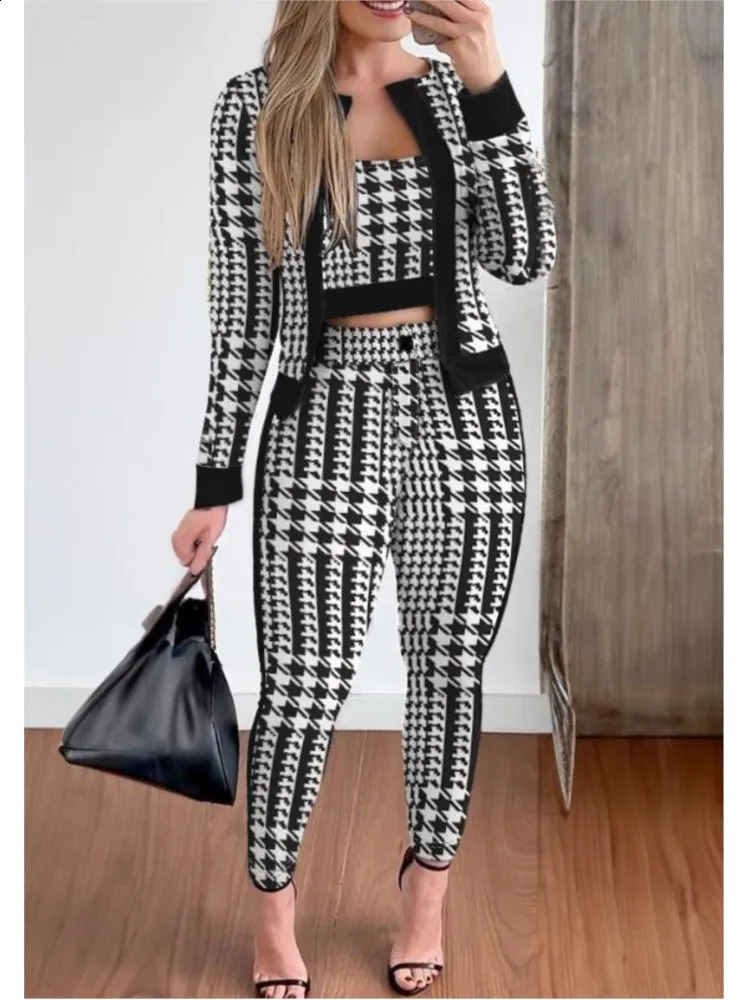 Fashion Houndstooth 3-piece top and ultra-thin pants set for womens autumn vest cardigan and leggings 3-piece set240810