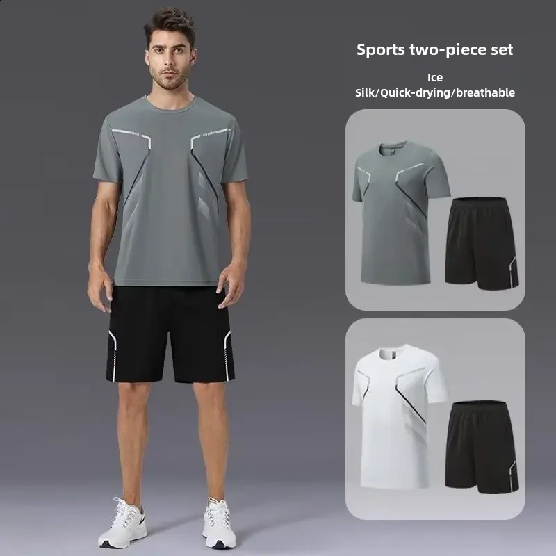 Mens Ice Silk Sports Suit Summer Short Sleeve Running Fitness Outdoor Morning Running Set For Men 240810