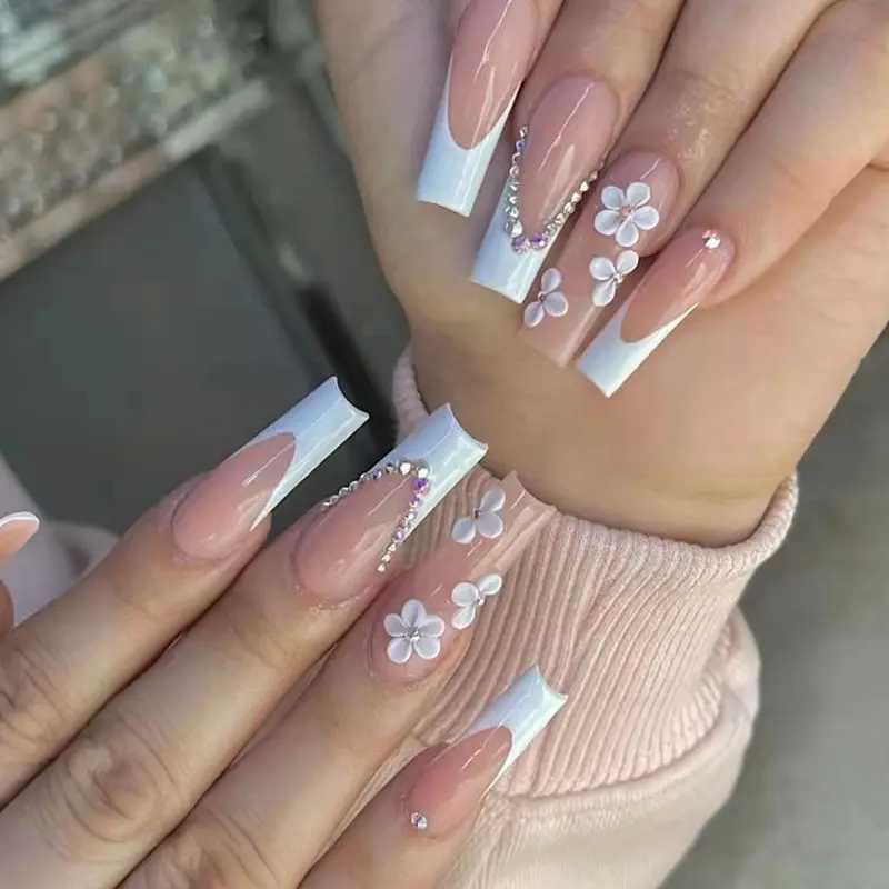 24pcs False Nails With Glue Flower Design Long Coffin French Ballerina Fake Nails Full Cover Acrylic Nail Tips Press On NailsXJ250110-image-1041376805