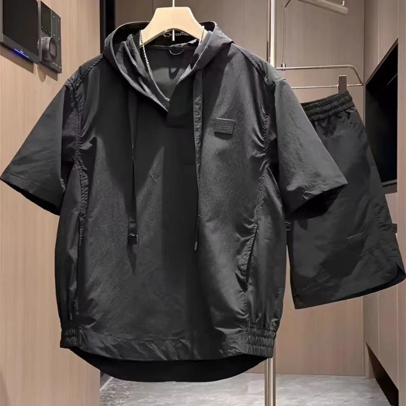 Quick Drying Cargo Hooded Summer Outfits Men Twopiece Loose Fashion Casual Sport Tracksuit Short Sleeve Shorts Set y240810