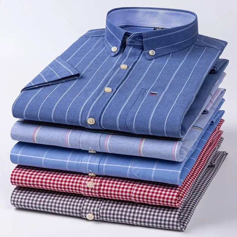 Chemise sociale masculine à manches courtes 100% coton pur oxford plaid boutonné à mouds mâles formels chemise surdimensionnée plus taille 240810