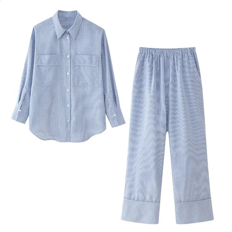 Willshela Women Fashion 2 Piece Set Striped Single Breasted Shirts Vintage Elastic Waist Trousers Feamle Chic Lady Pants Sets 240812