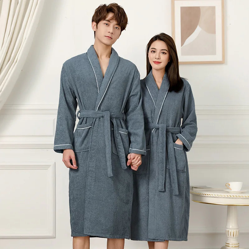 100% coton pur couple long absorbant épais absorbant Terry Bathrobe Kimono Mens serviette légère de salle de bain Womens El Robe Robe240812