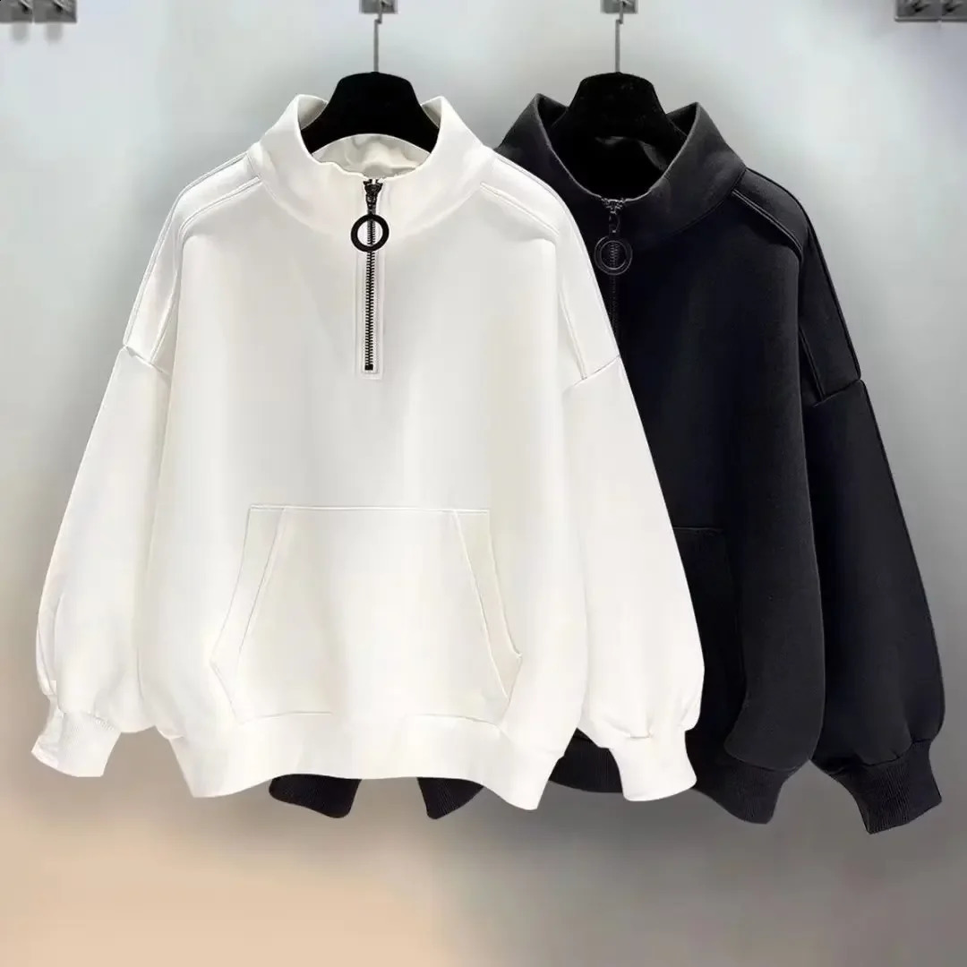 2024 Autumn Winter Polo Turtle Neck Zipper Sweatshirt Unisex Loose Fit Casual Thin Colorful Solid Top Trendy Jacket 240810
