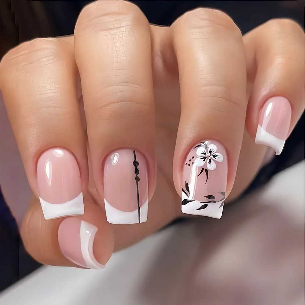 24Pcs/Set Gloss Medium Square Press On Nails Pink And White False Nails With Flower Pattern Artificial Reusable Fake NailsXJ250110-image-1041377291