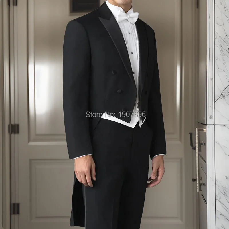 Wedding Man Tail Coat for Wedding Groom Suits with Double Breasted 3 Piece Set Prom Party Stage Black Jacket Pants White Vest 240812