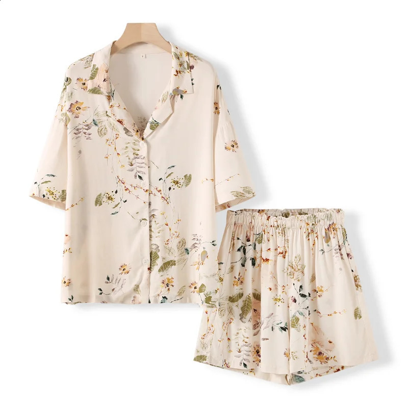 Womens fashionable printed short sleeved pants pajamas adhesive lapel loose and soft casual wear for home use240812