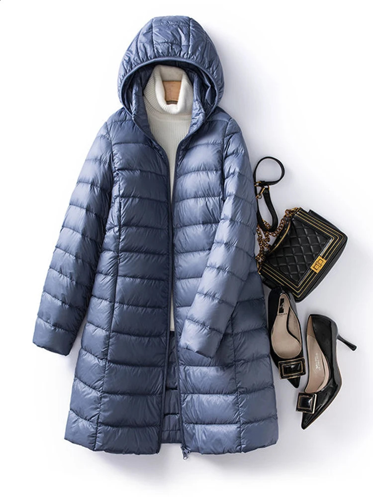 90% Ultra-light Long Down Jacket Women Autumn Winter Slim Hat Detachable Warm White Duck Down Coat Women Portable Outerwear 240812