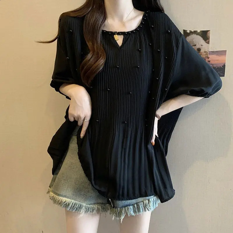 Summer Loose Fashion Korean Simple Versatile Gentle Chiffon Short Sleeve T-shirt Womens Solid Round Neck Patchwork Thin Top 240812