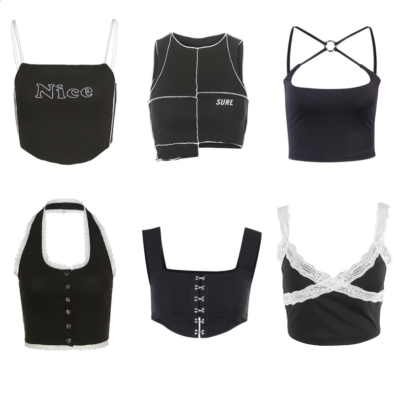 E-girl Black Crop Cami Top Sexy Women Sleeveless Backless Spaghetti Strap Top Halter Summer Vest Y2K Aesthetic Female Clothes 240812
