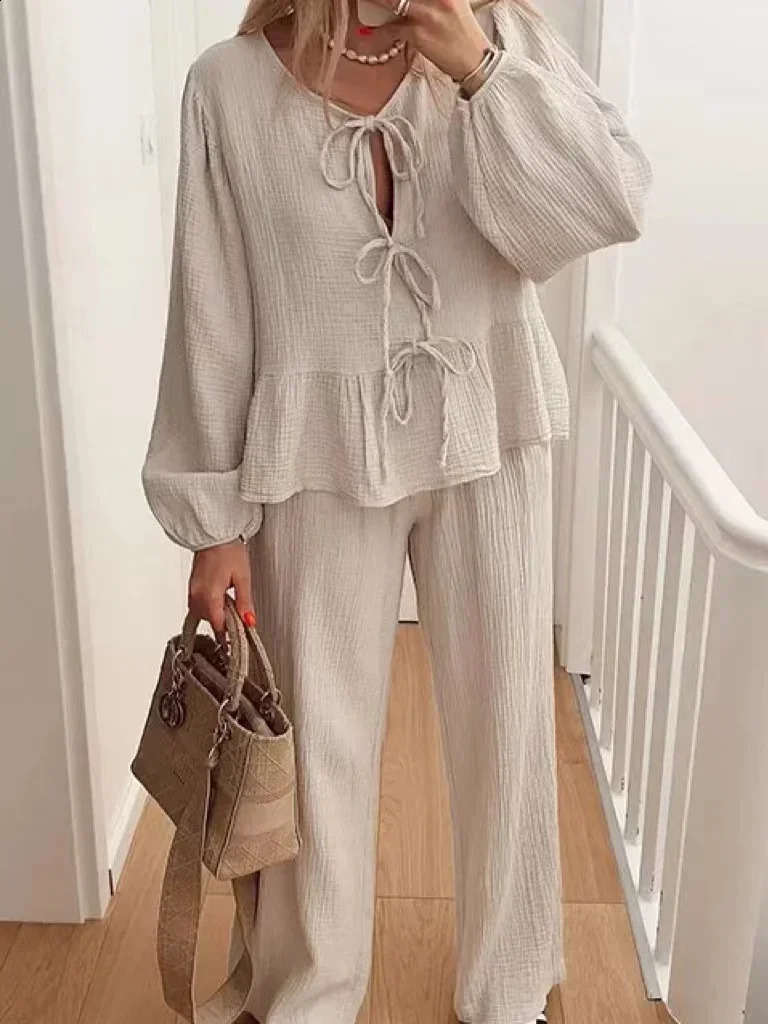 Autumn Elegant Shirts Pants Sets For Women 2 Pieces Solid Long Sleeve O-Neck Lace Up Shirt Loose Trousers Set Casual Outfit 240812