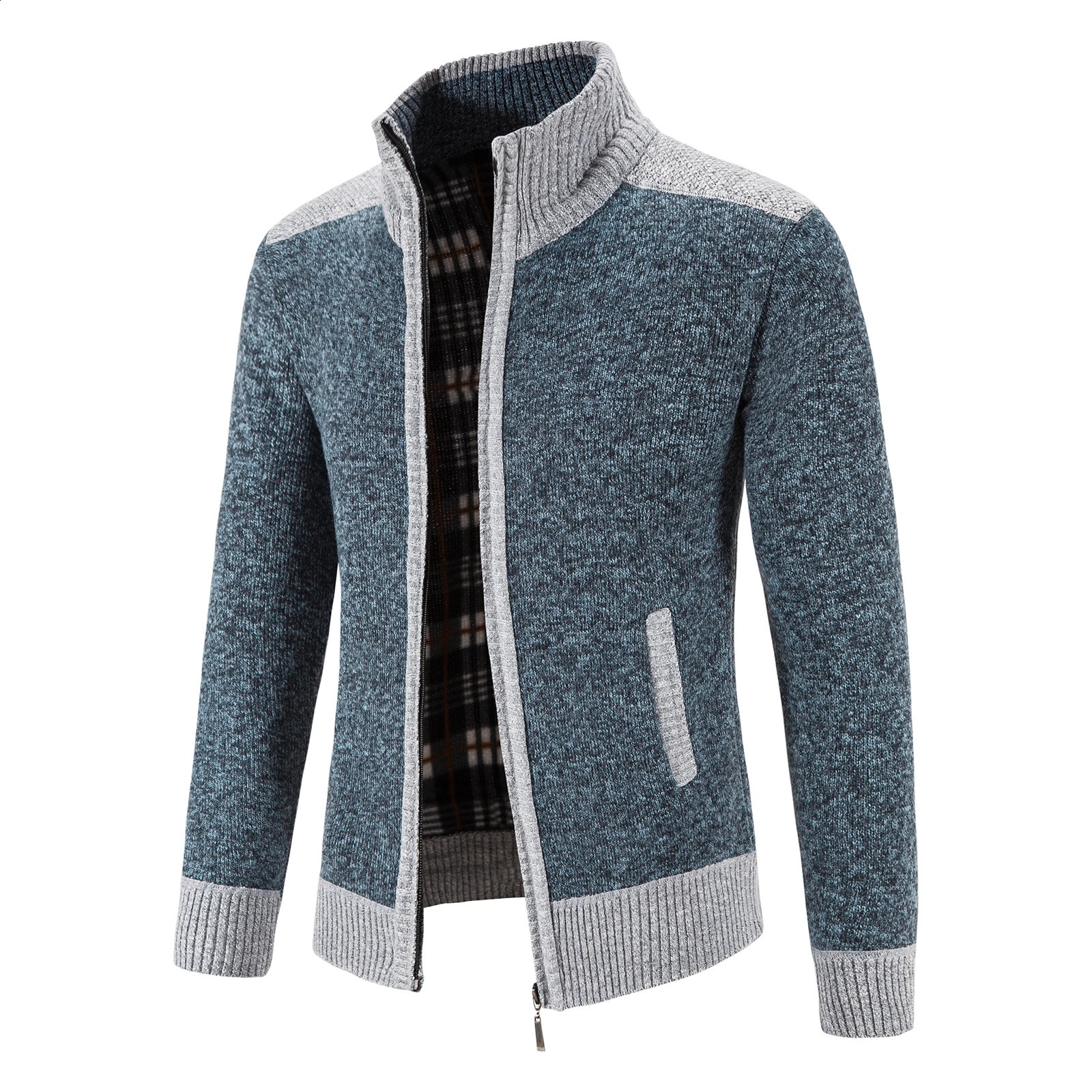 Autumn Winter Male Sweater Coat Knit Jumpers Fleece Warm Jacket Korean Mock Collar Patchworked Zip Windbreaker Mens Overcoat 240812