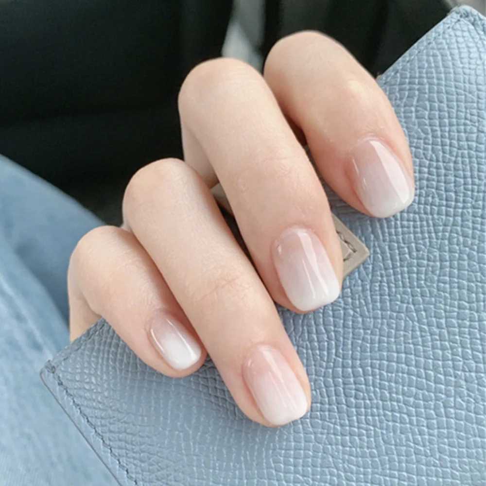 24 Pcs Glossy Short Squaval Press On Nails Pink French Style Gradient Fake Nails Artificial Finger Manicure Reusable False NailsXJ250110-image-1041376377