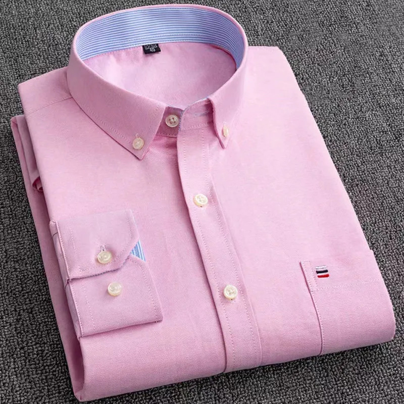 S- 6XL Oxford Shirts For Mens Long Sleeve Cotton Casual Dress Shirts Male Solid Plaid Chest Pocket Regular-Fit Man Social Shirt 240810