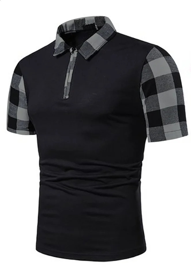 Mens patchwork color polo shirts shortsleeved tops Plaid business suits Casual and fashionable 240810