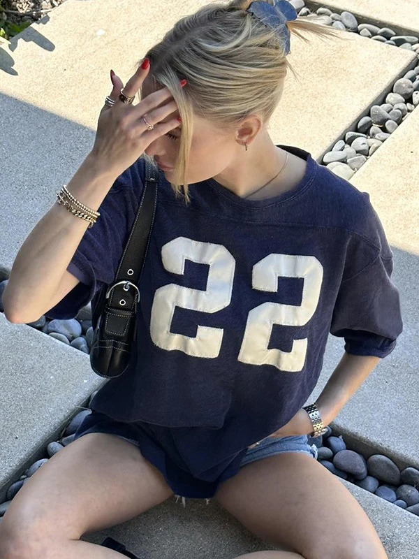 22 Digital Print Navy Loose T Shirt Women O-Neck Summer Short Sleeve Tee Tops American Vintage Streetwear Casual T-shirts Y2k 240812