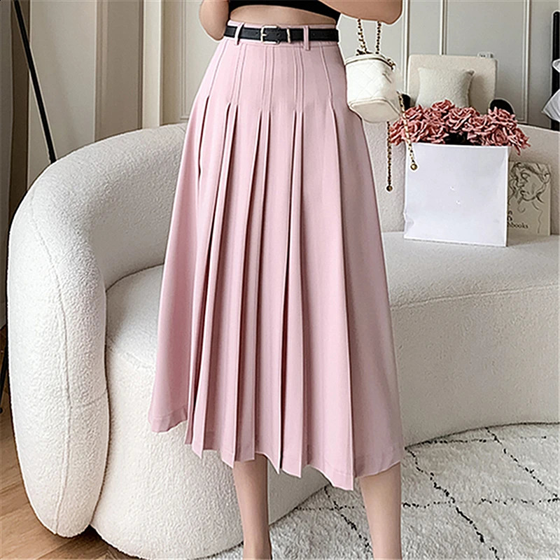Seoulish Vintage Womens Pleated Long Skirts Autumn 2024 Elegant Solid Color High Waist Casual Office Lady Female 240810Z