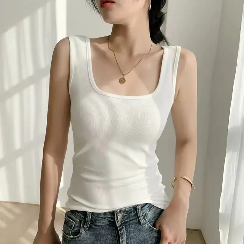 Korean Fashion Square Collar Tank Top Women Solid Patchwork Temperament Simple Casual Inner Layer Summer Slim Sleeveless Vest 240812