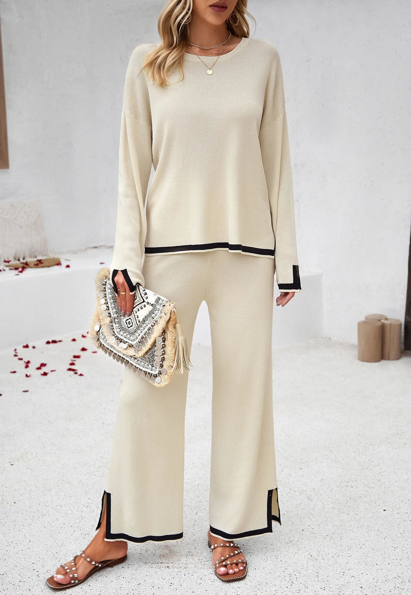 Fitaylor Autumn Winter Femmes a tricoté les ensembles de deux pièces sur les hauts et les pantalons à jambes larges.