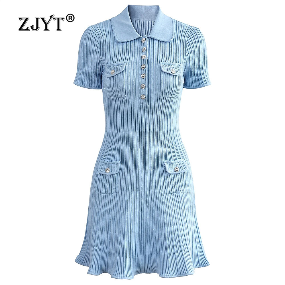 Zjyt Fashion Summer Sweater Robes pour femmes Elegant Elegant Short Shee Shee Mini Tricoting Party Robe Vestidos Female Vêtements 240812
