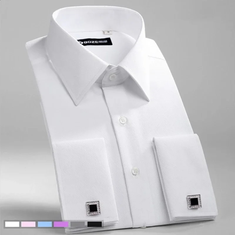 Mens French cuff formal shirt white long-sleeved business button mens shirt regular fit cuff button shirt M~6XL 240812