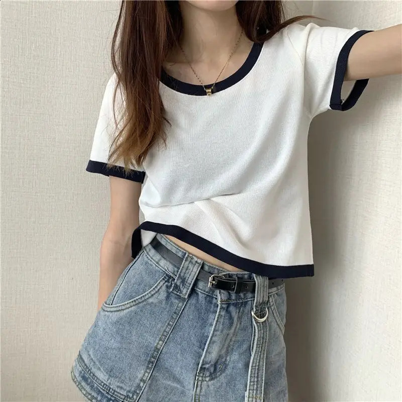 Summer High Waist Oversized T-shirts for Women Simplicity Solid Color Splicing Casual O Neck Short Sleeve Y2K Chic Tops 240812