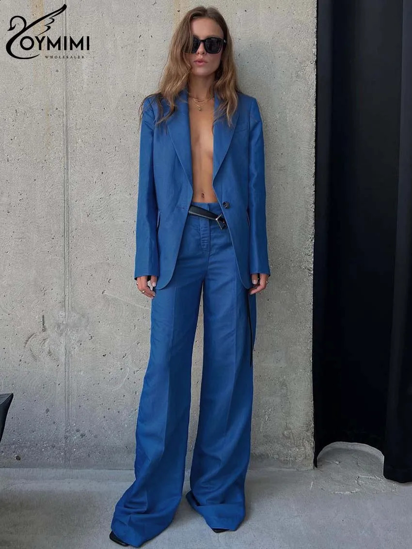 Oymimi Fashion Blue Cotton ensembles pour femmes 2 pièces élégantes chemises à bouton unique à manches longues et pantalon large solide sets fémi