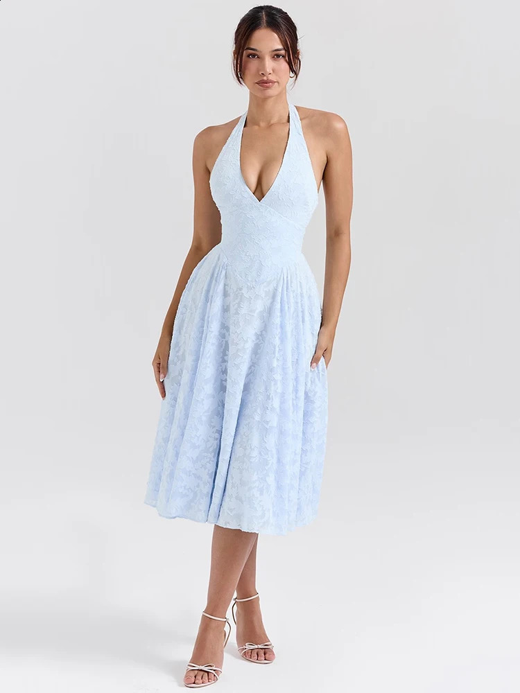 Mozision Deep V cou halter sexy madi robe femme mode sans manches backless A-line lâche plissée soirée longue robe élégante 240812