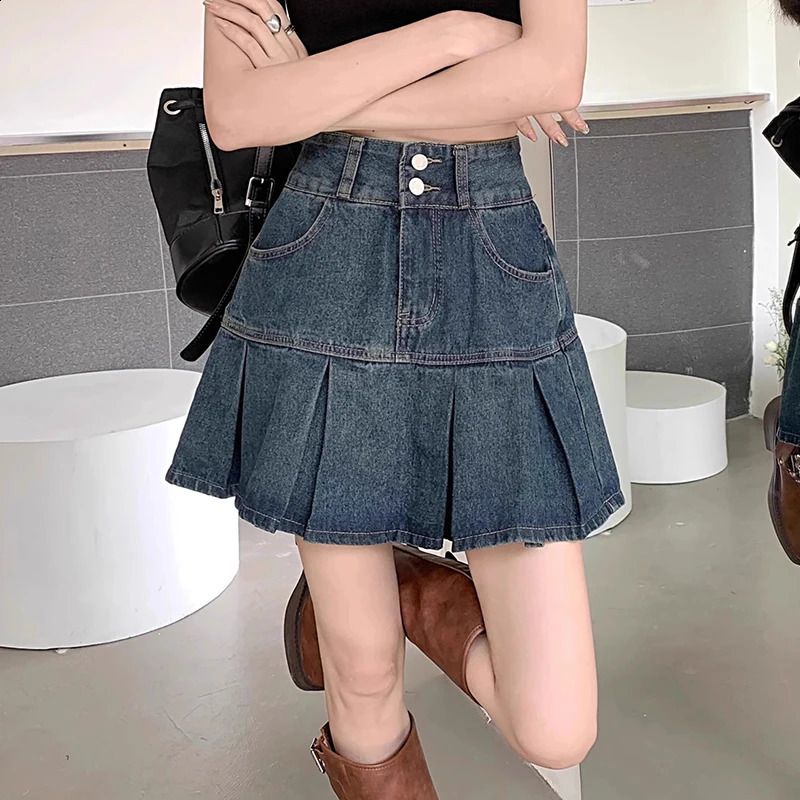 Femmes hautes taille vintage mini jupes plissées lady coréen y2k une ligne denim robe ruched femelle jeans bleu élégant 240810
