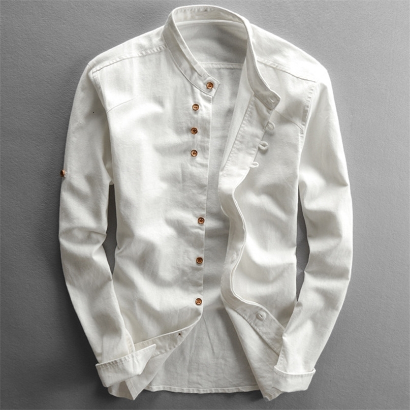 Japan Style Mens Linen Cotton Shirt Harajuku Stand Collar Long Sleeve Slim Fit Solid Color Male Casual Breathable Classical Tops 240810CJ