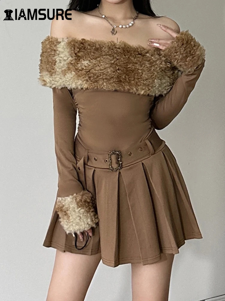 Iamsure Casual Patchwork Fur Trim A-Line Robe avec ceinture mince Slim Slash Cou à manches longues Mini robes pour femmes Automne 240812