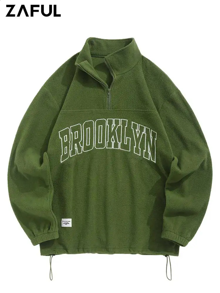 Mens Turtleneck Sweatshirt Letter Embroidered Fuzzy Polar Fleece Sweats QuarterZip Streetwear Pullover Hoodie Z5111883 240810