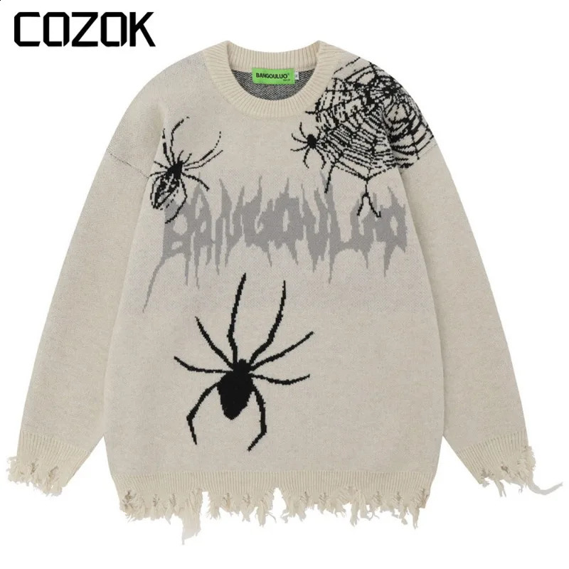 High Street Spider Web Print Sweater Men Women Hip Hop Harajuku Oversized Hole Jumper Autumn Unisex Vintage Y2K Loose Pullover 240812