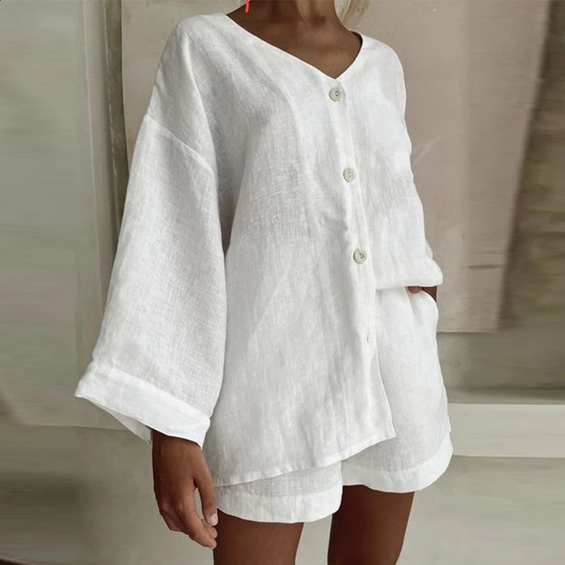 Summer Loose Cotton Linen 2pc Sets Retro Solid Long Sleeved Single Breasted Office Suit Casual Women Elastic Waist Shorts Outfit 240812