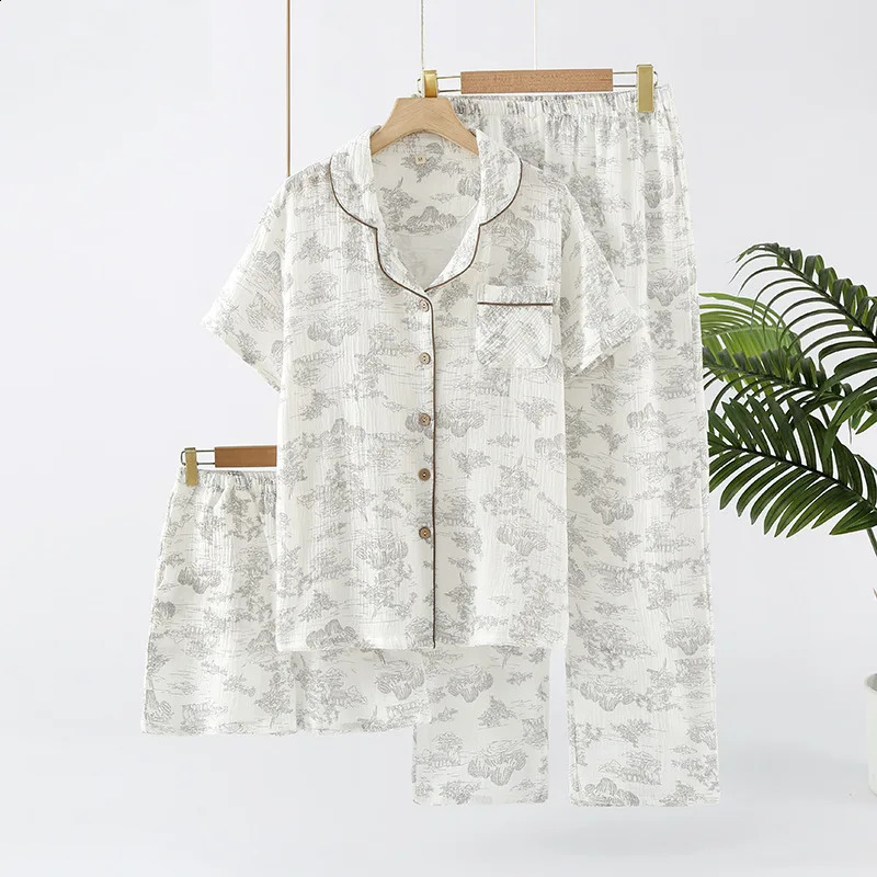 Pyjamas pour femmes Coton d'été 3 pièces ensemble à manches courtes Topmeshorts Home Vêtements Coton Coton Corpe Encre Painting Set240812