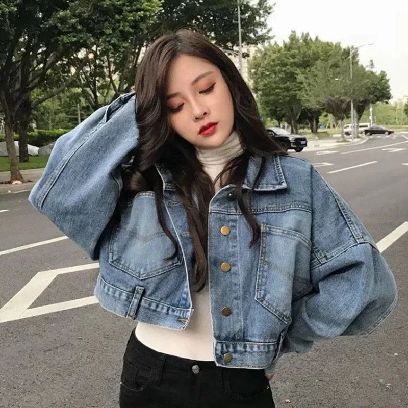 Xpqbb Cropped Denim Jacket Women Korean Fashion Back Split Buttons Up Bomber Jacket Female Lapel Long Sleeve Jeans Coats 240812