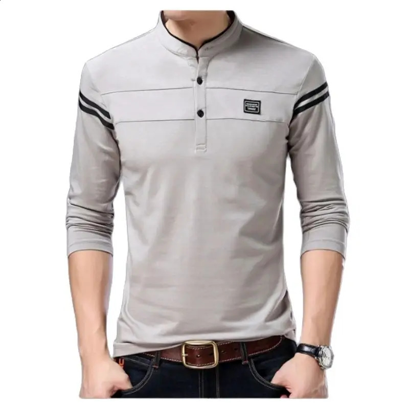 Autumn Mens Mandarin Collar Long Sleeve Tshirts Trend Slim Cotton Korean Style Polo Shirt Labelling Male Tops for Spring 4XL 240810