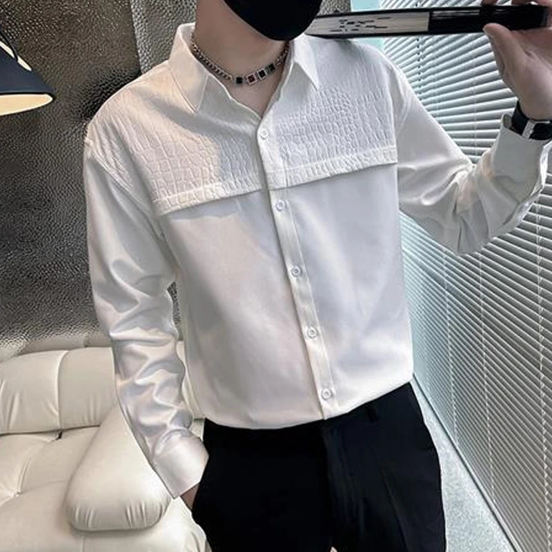 Turn-down Collar Loose Mens Clothing Handsome Temperament Solid Button Patchwork Man Fashion Shirts Spring Summer Street Casual 240812