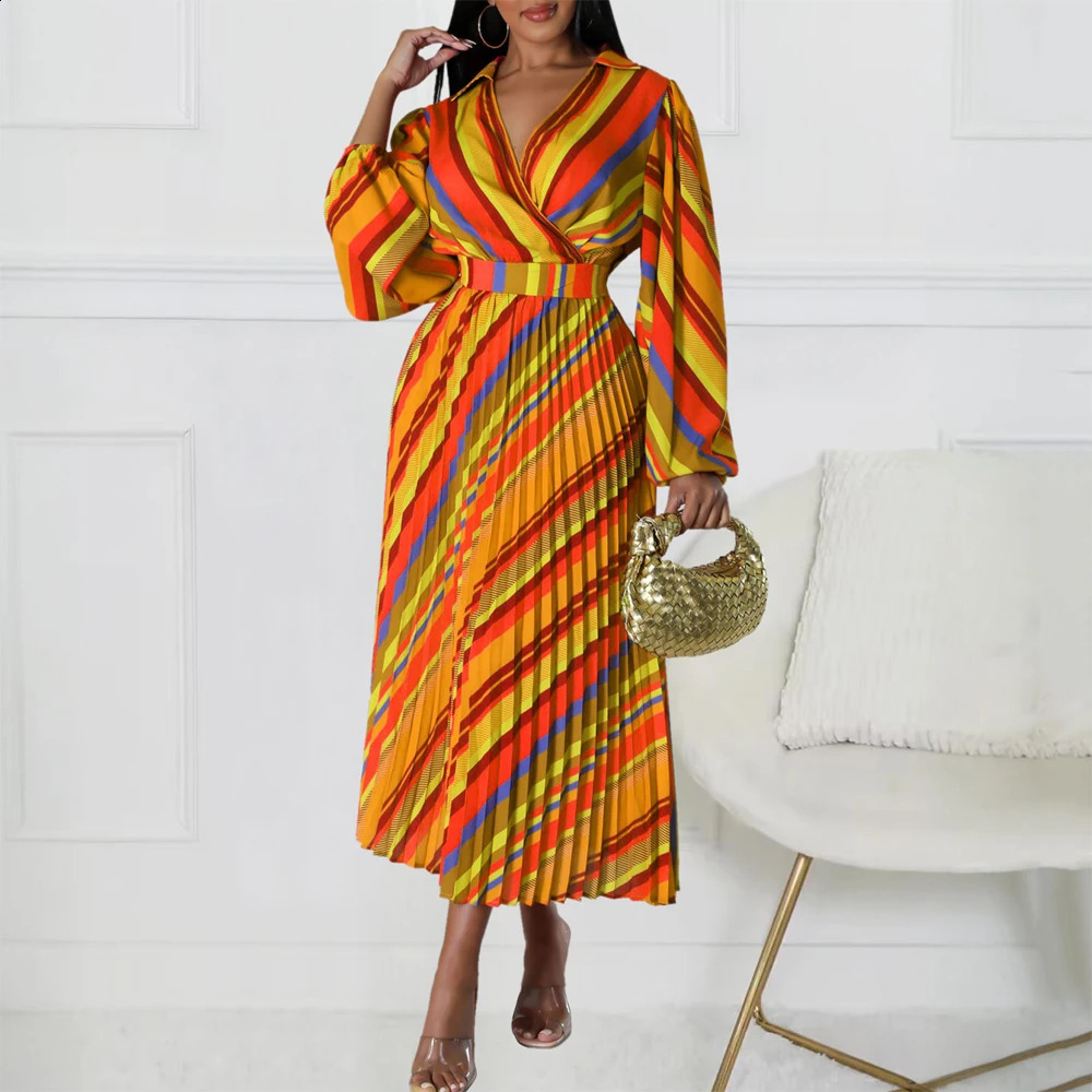 Robes de bureau élégantes pour femmes à rayures en V imprimées V Full Full Full High Waited Pleed Malf Professional Work Robe MIDI 240812