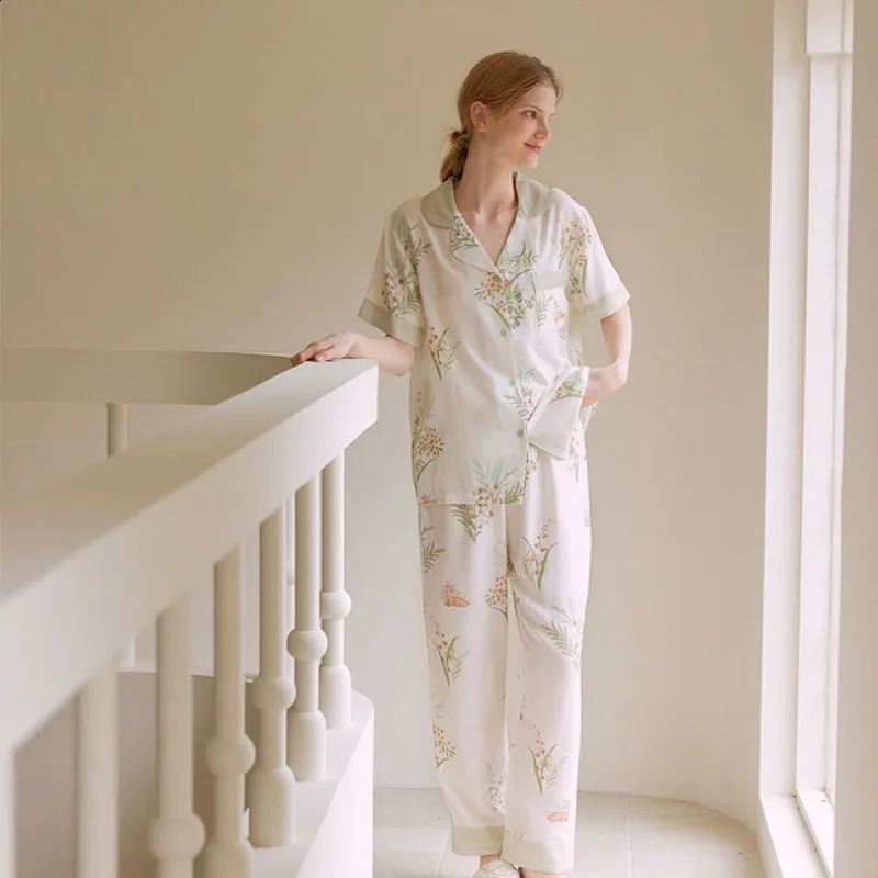 2024 Summer Double layer Bamboo Cotton Gauze Womens Sleepwear Lightweight and Elegant Printed Collar Comparison Short Sleeve Casual Clothing Set2408